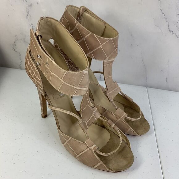 Diesel Heels Stilettos Size 39 8.5 Leather Embossed Croc Beige Open Toe Womens - Picture 2 of 14